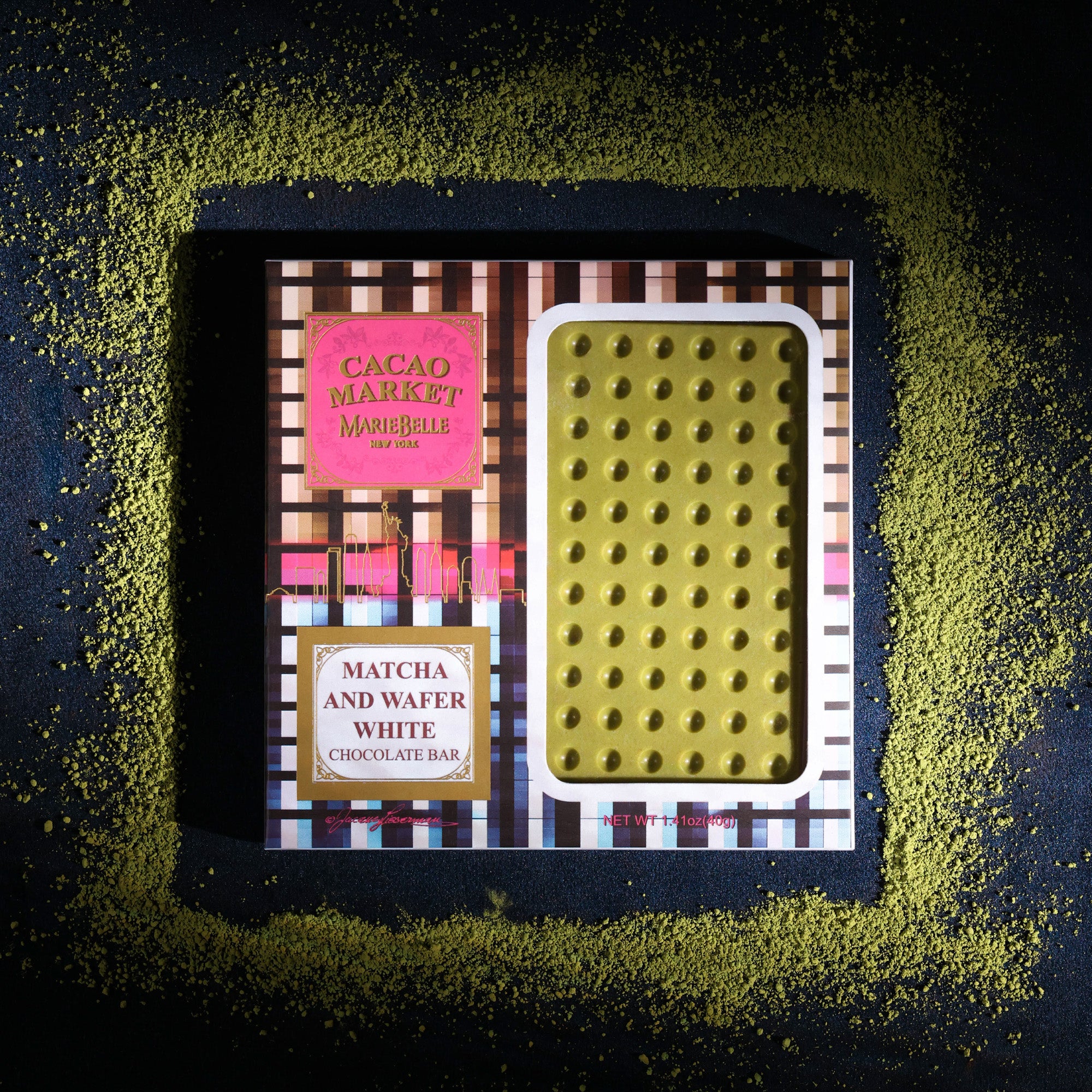 40g Cacao Market • White Chocolate Matcha Bar with Sea Salt & Wafers Stylized