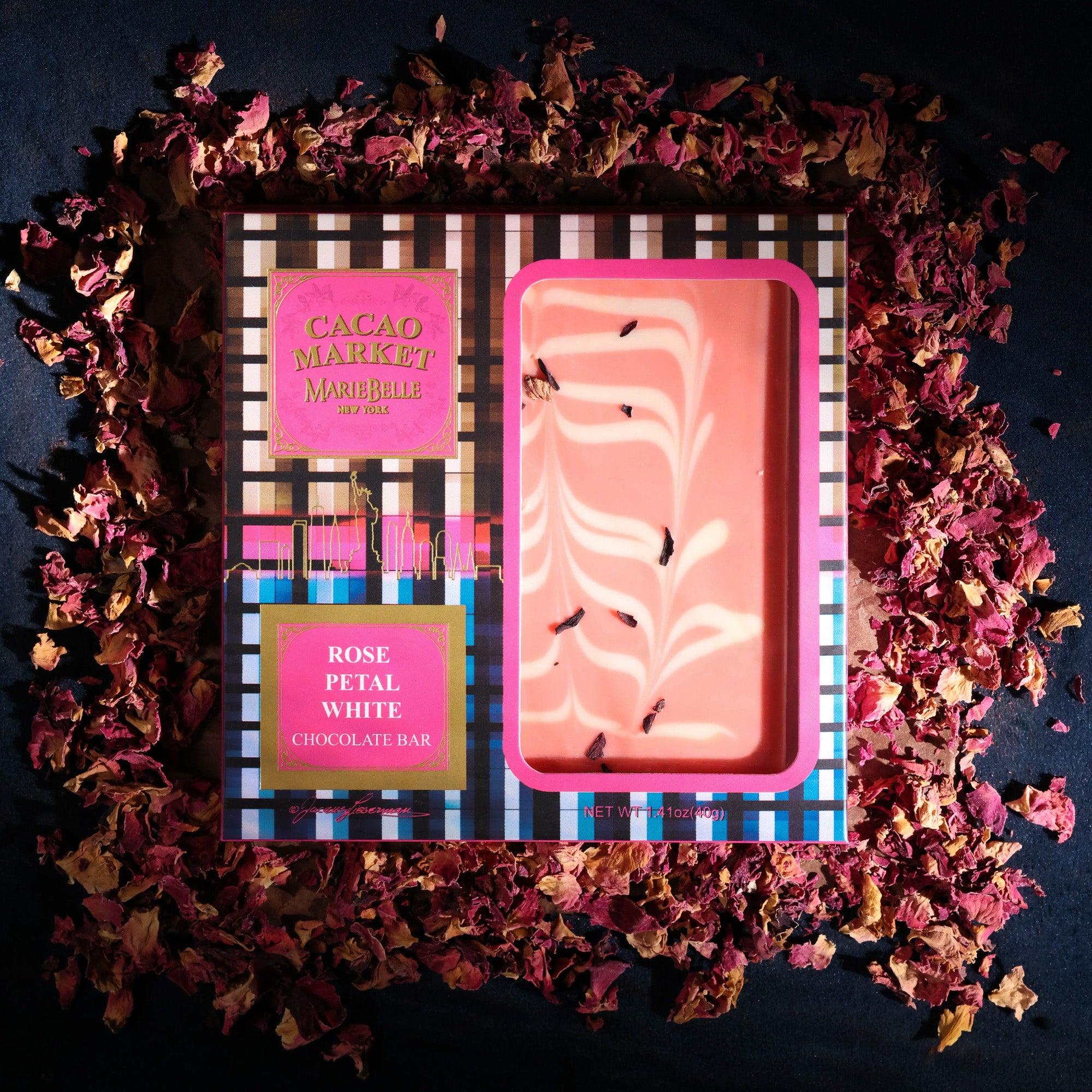 40g Cacao Market • White Chocolate Bar with Rose Petals Stylized