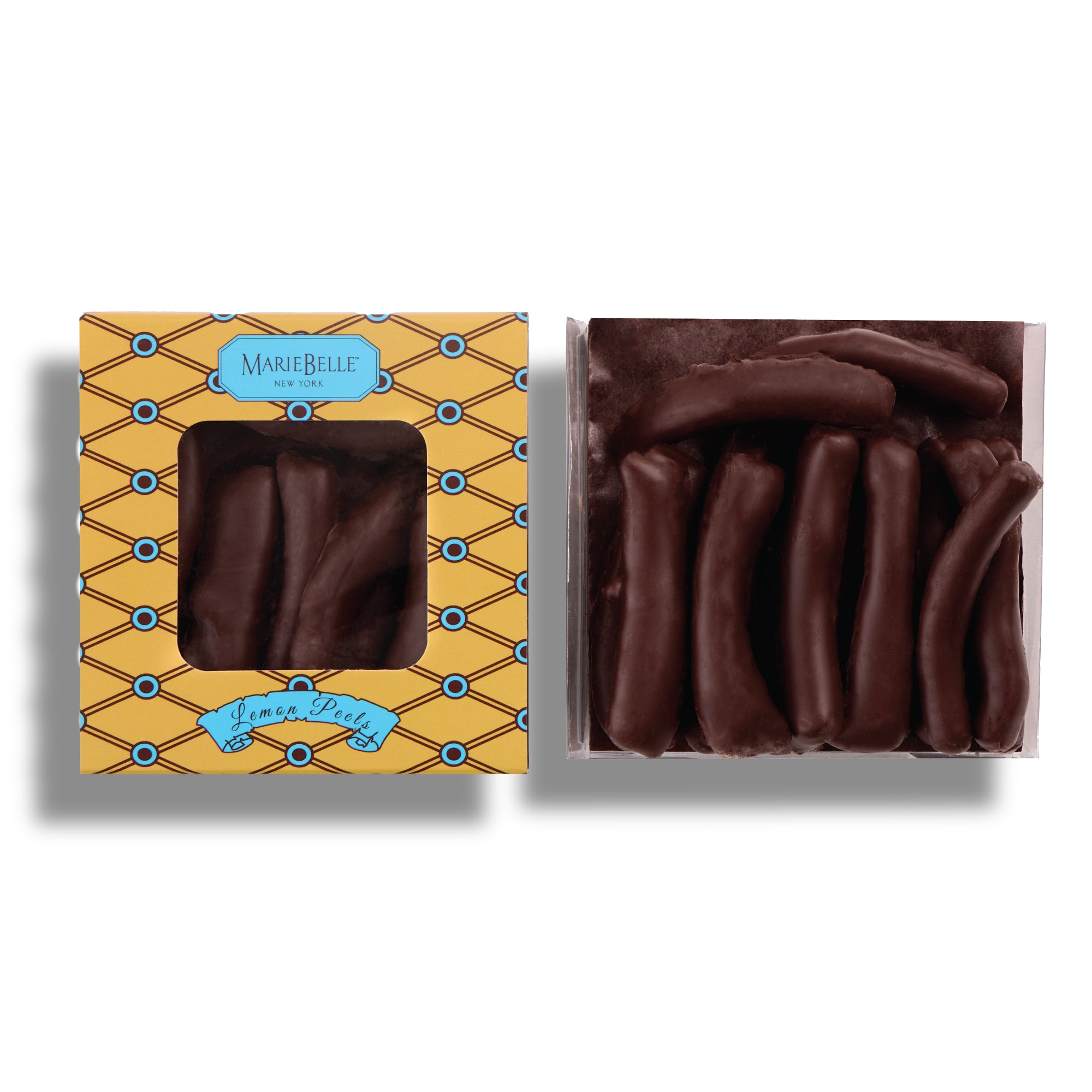 Chocolate product with packaging featuring 'MarieBelle' branding on a white background