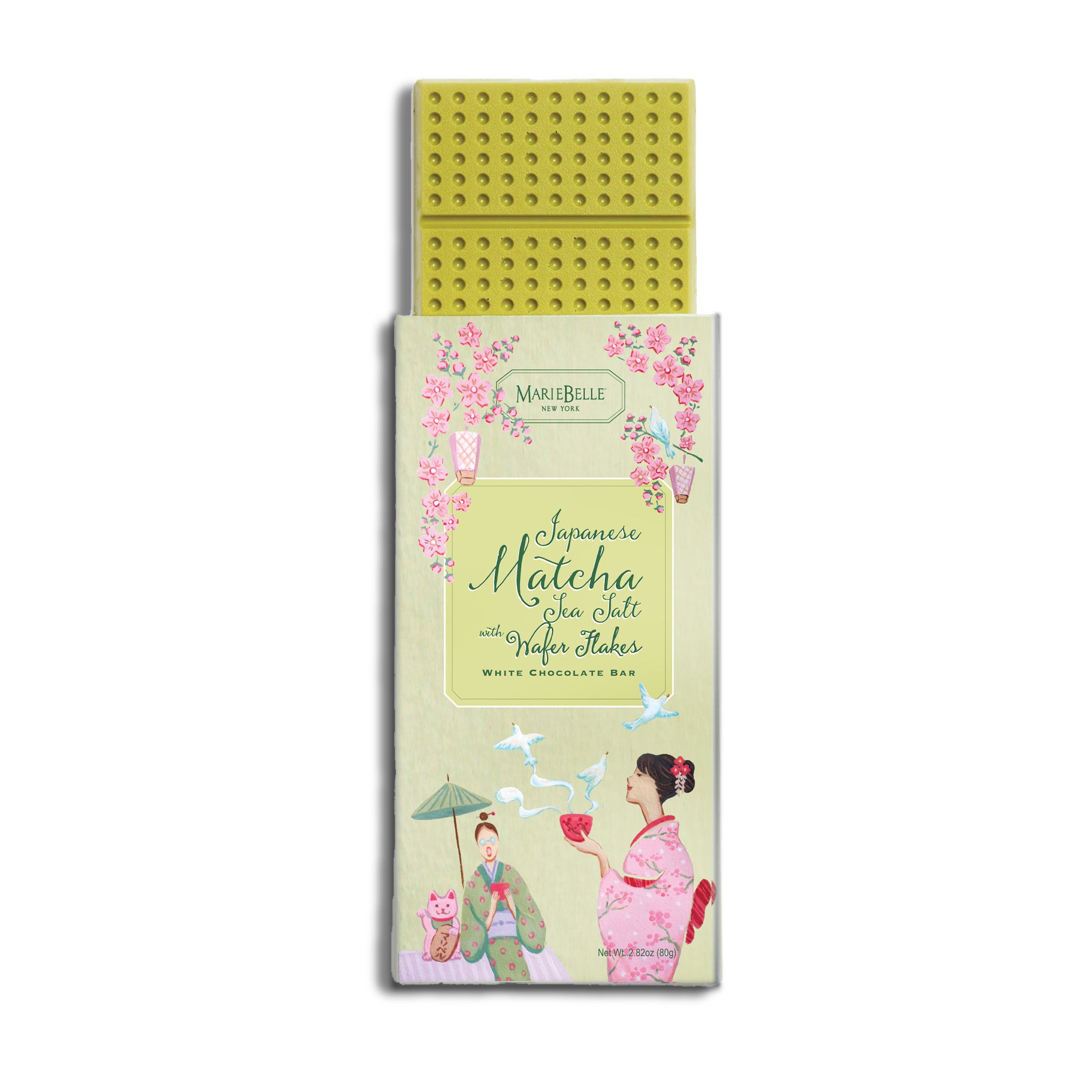 80g MarieBelle • White Chocolate Bar with Japanese Matcha, Sea Salt, & Wafer Flakes