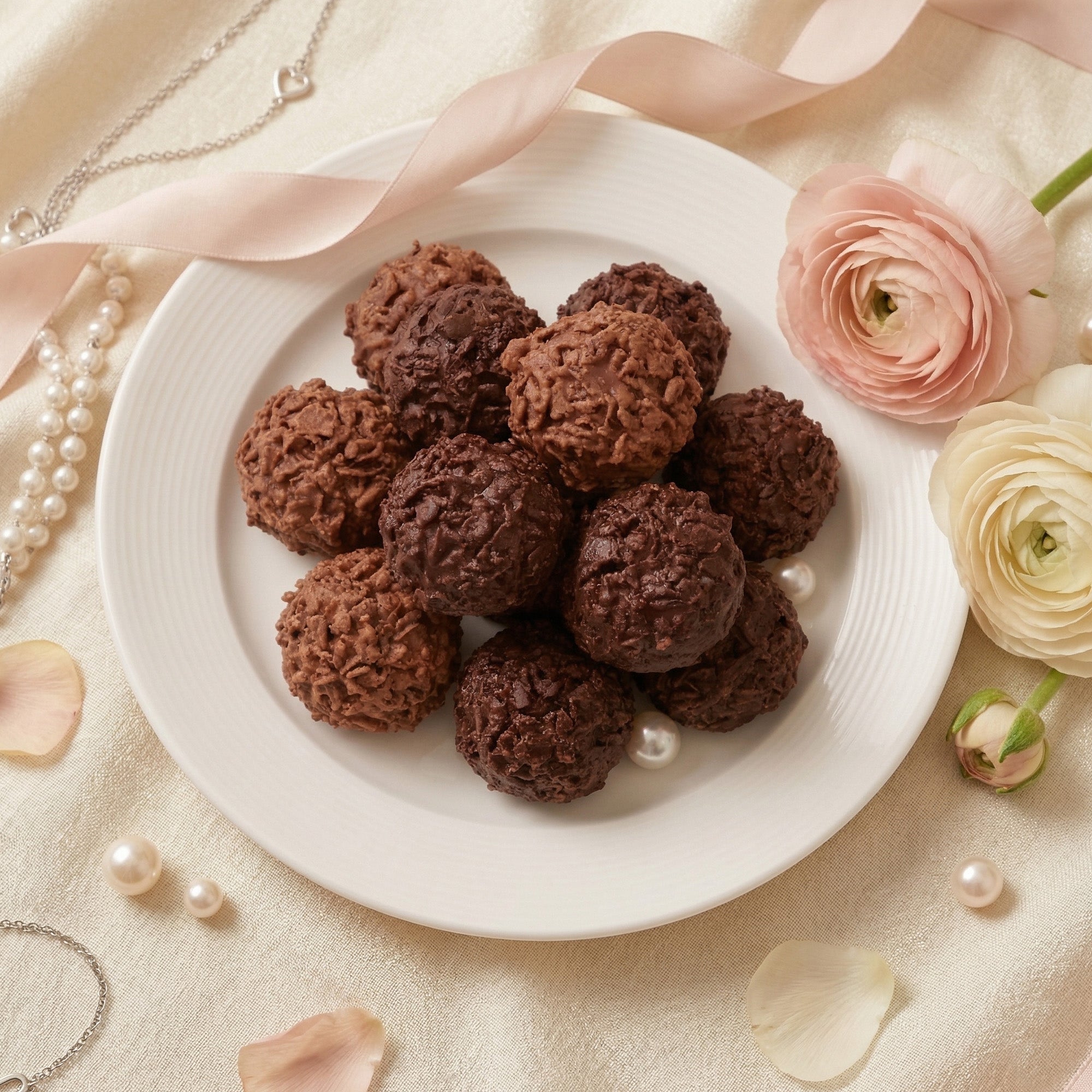 Chocolate clusters on a white plate with flowers and jewelry on a light background