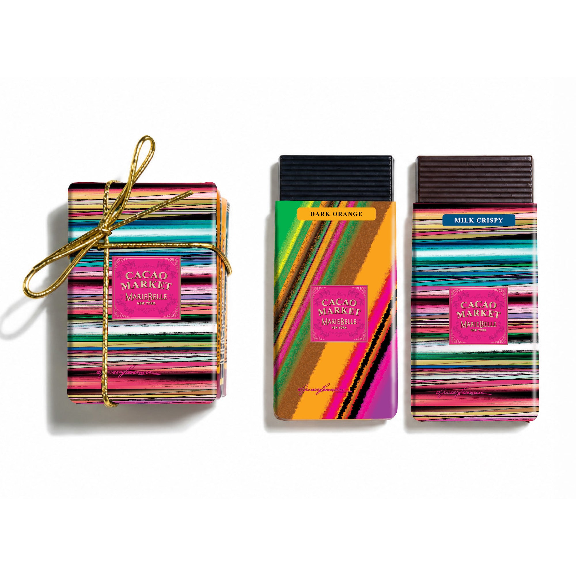 Cacao Market chocolate bars with colorful packaging on a white background