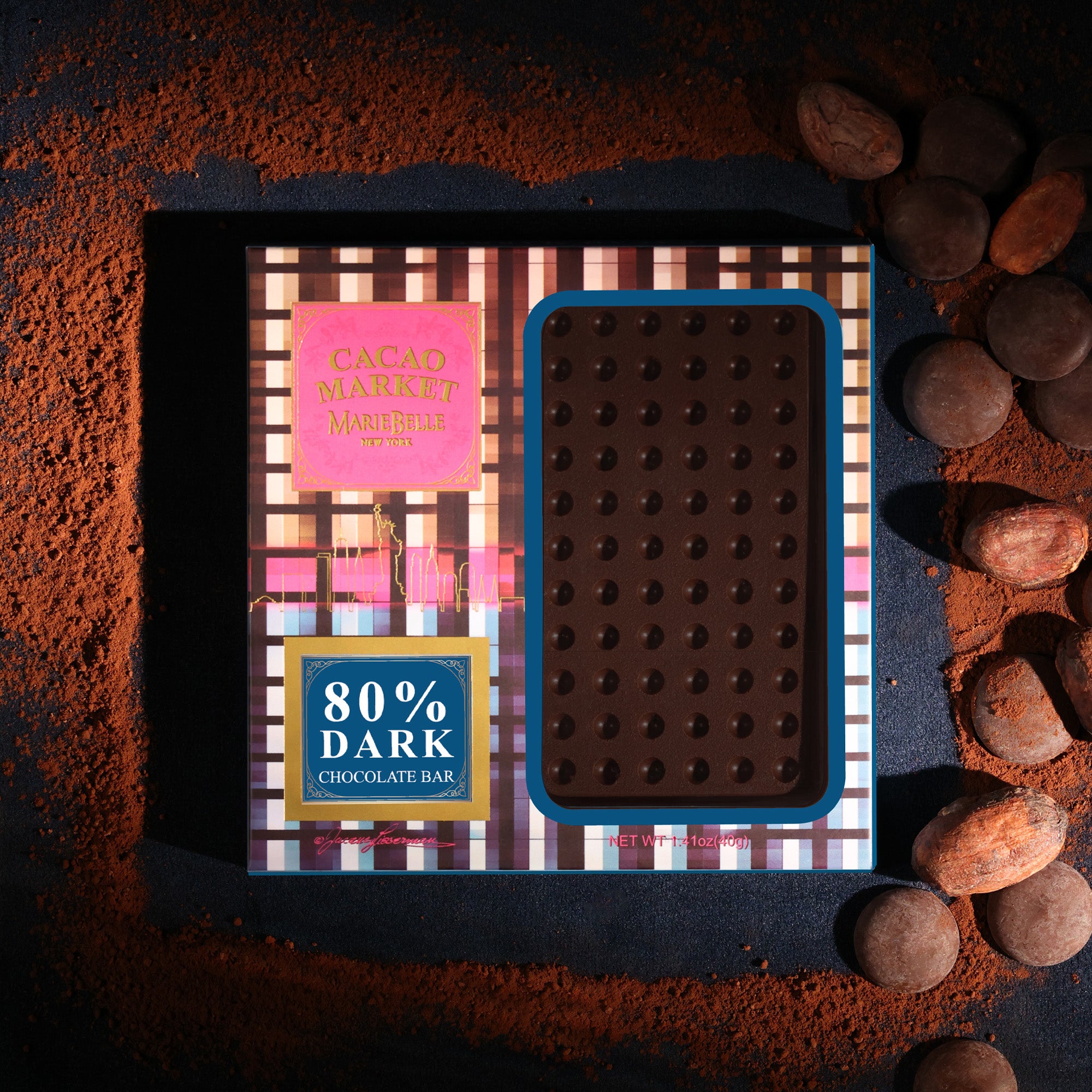 80% Dark chocolate bar with packaging on a dark background