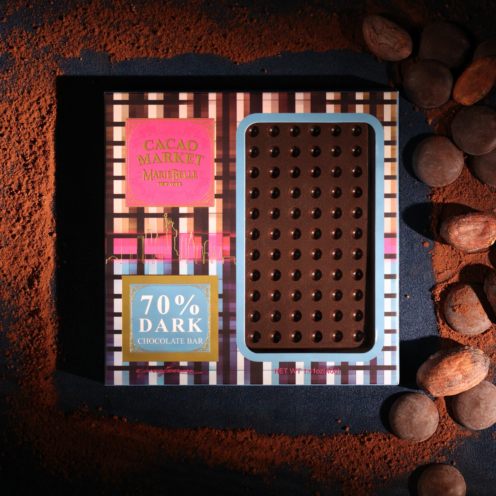 40g Cacao Market • 70% Dark Chocolate Bar Stylized