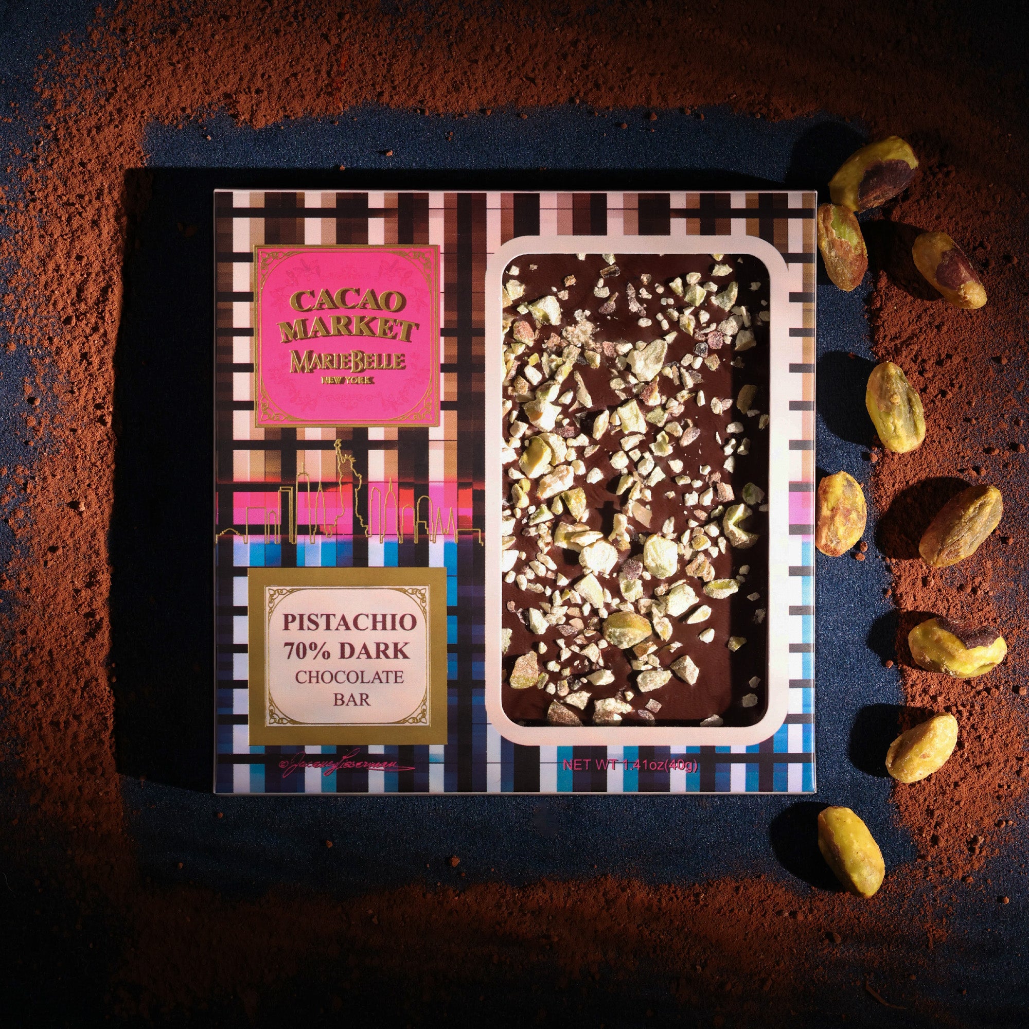 40g Cacao Market • 70% Dark Chocolate Bar with Pistachio Stylized