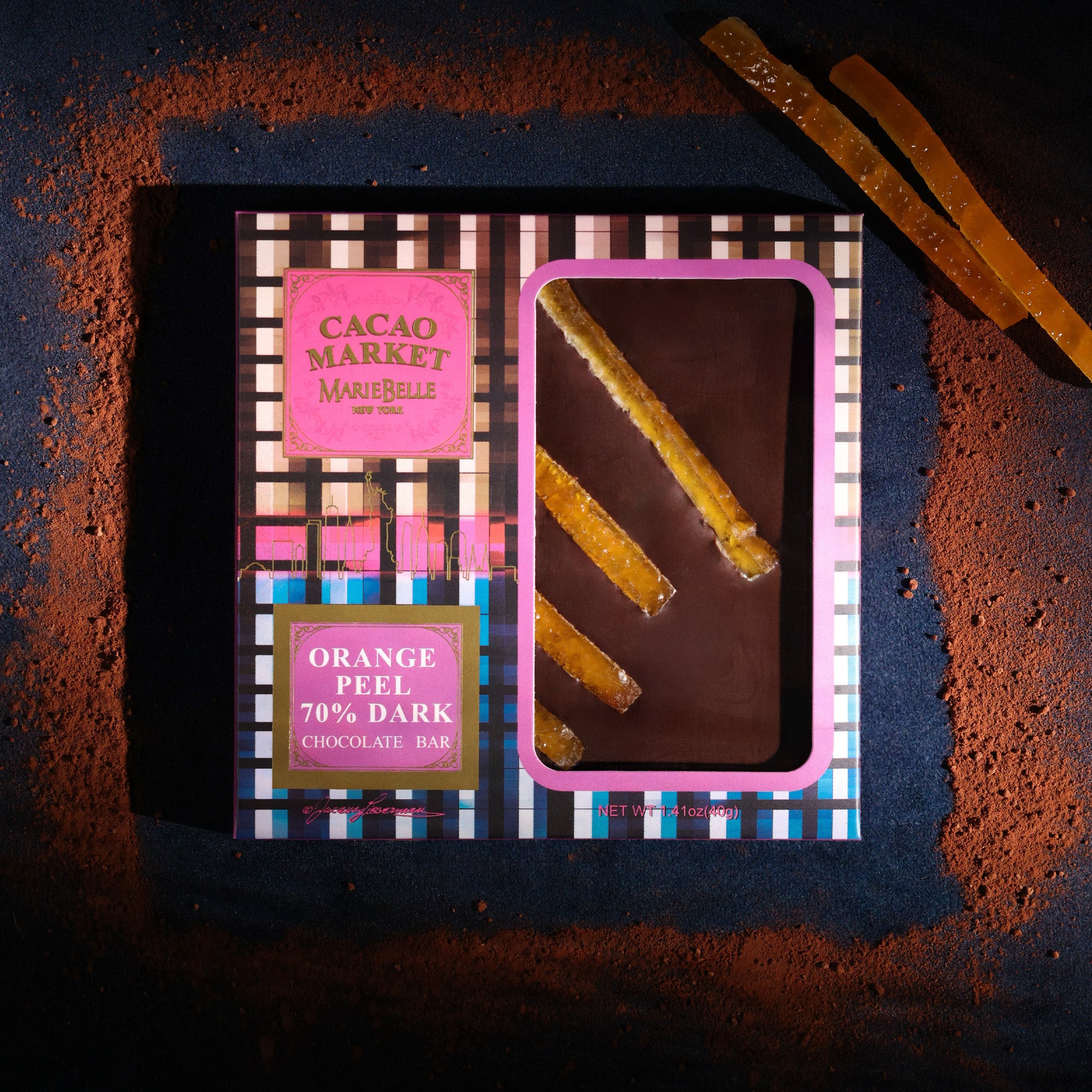40g Cacao Market • 70% Dark Chocolate Bar with Orange Peels Stylized