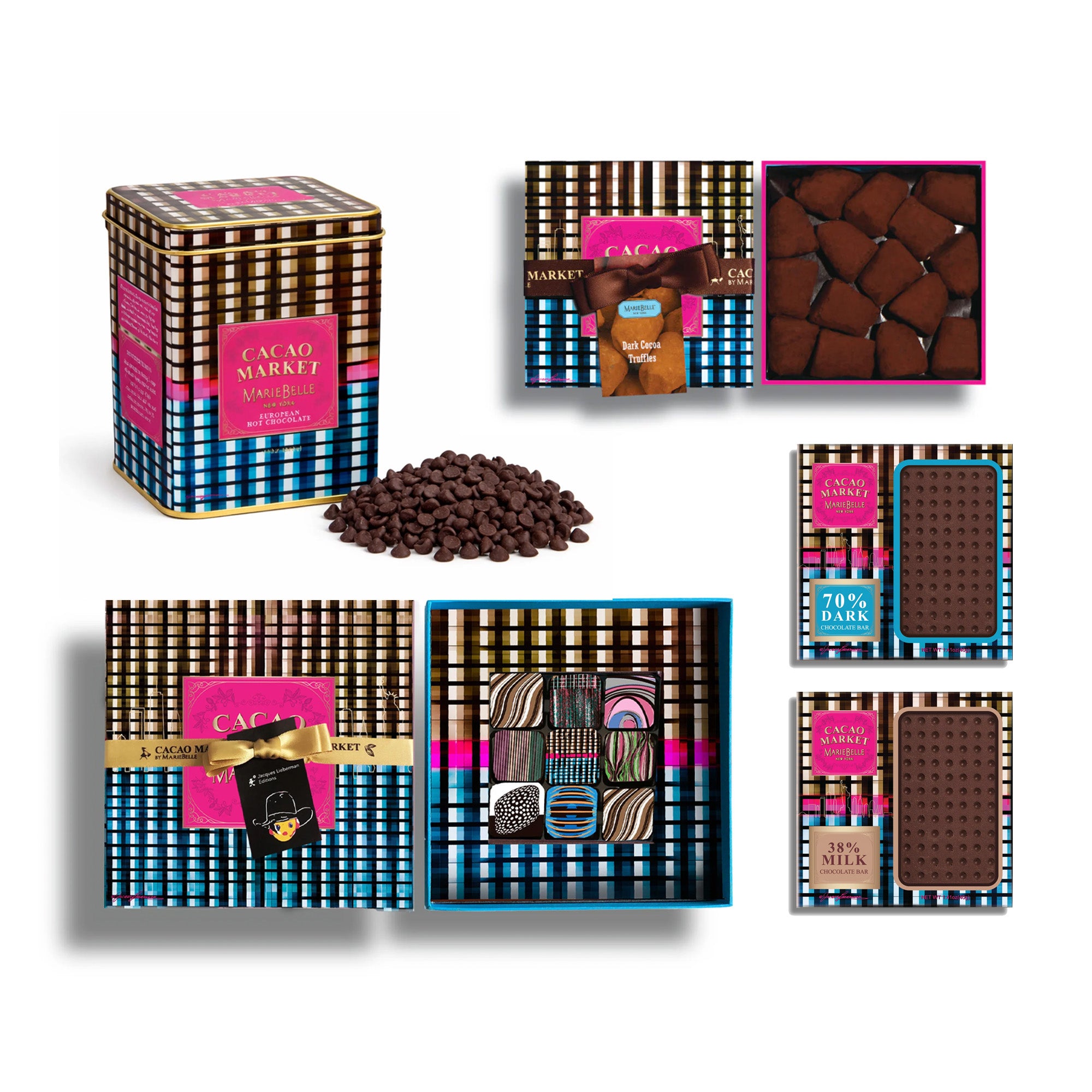 Collection of chocolate products including bars and chips with 'Cacao Market' packaging on a white background.