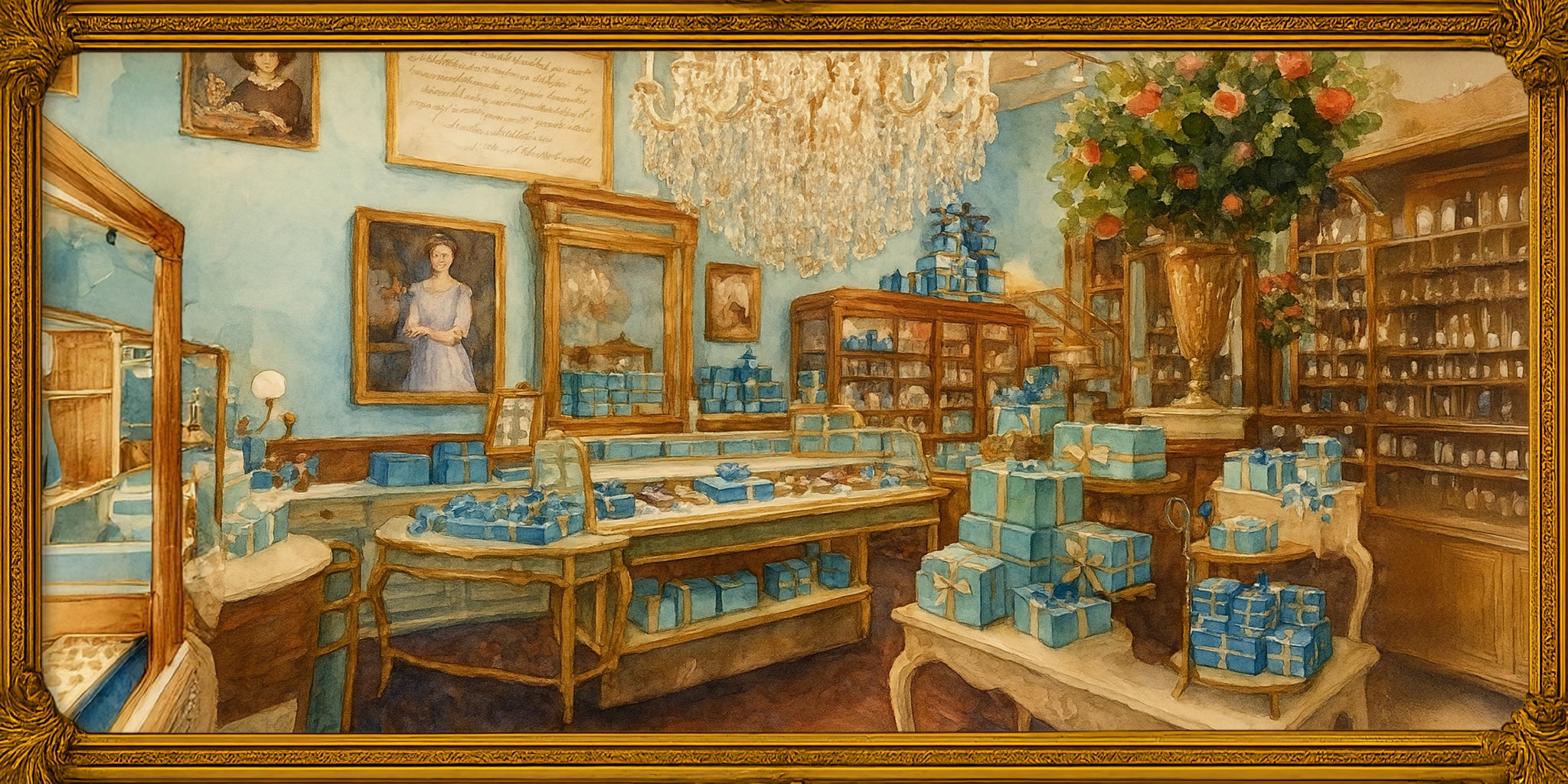Vintage-style interior of MarieBelle store with shelves, tables, and decorative elements.