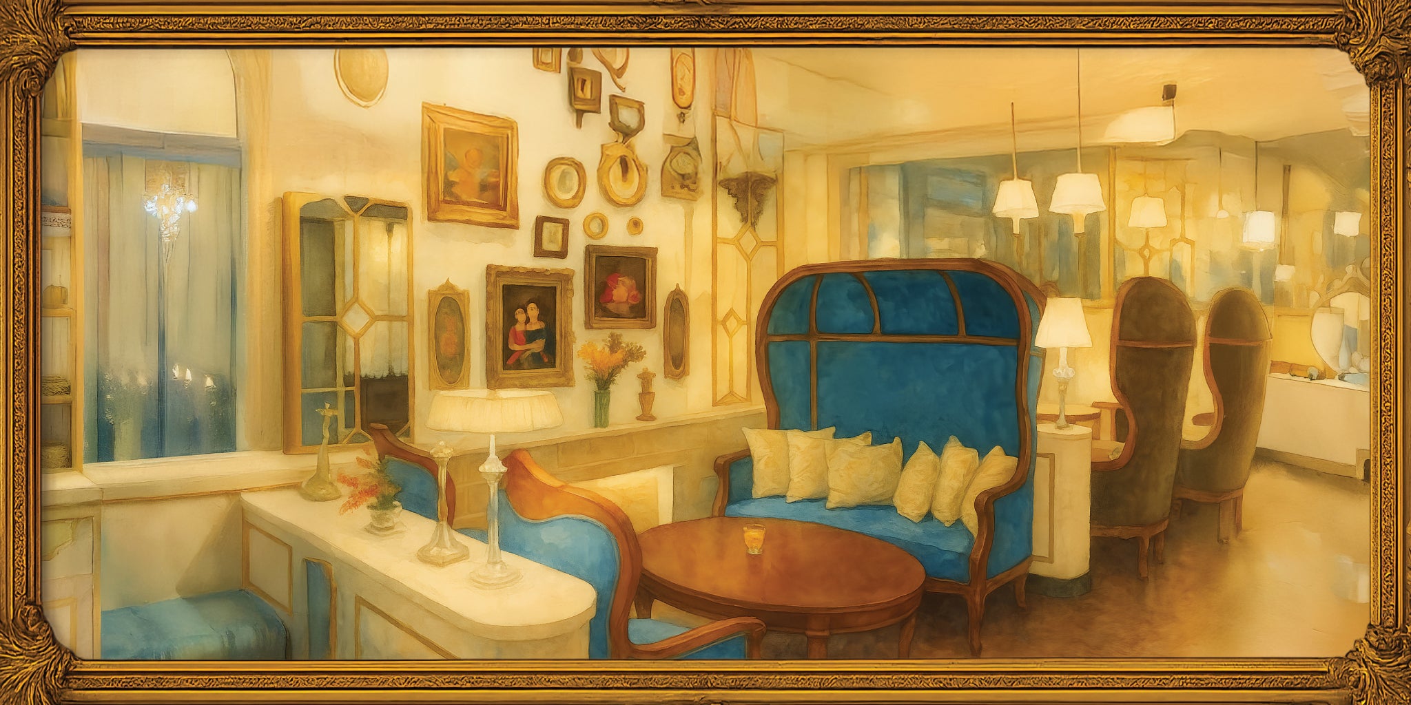 Decorative painting of MarieBelle Lounge with blue sofa and gold accents.