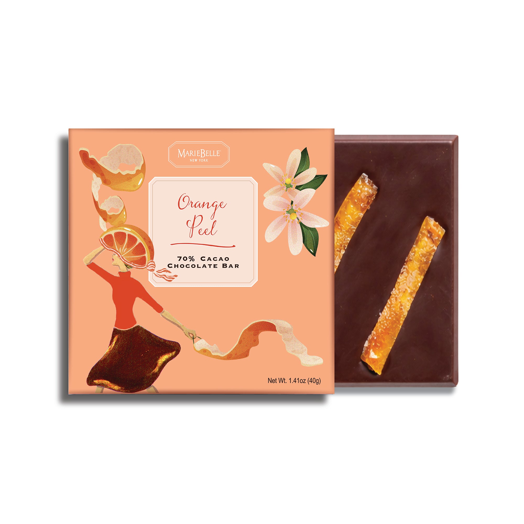 Orange Chocolate bar with packaging featuring a woman and floral design on a white background