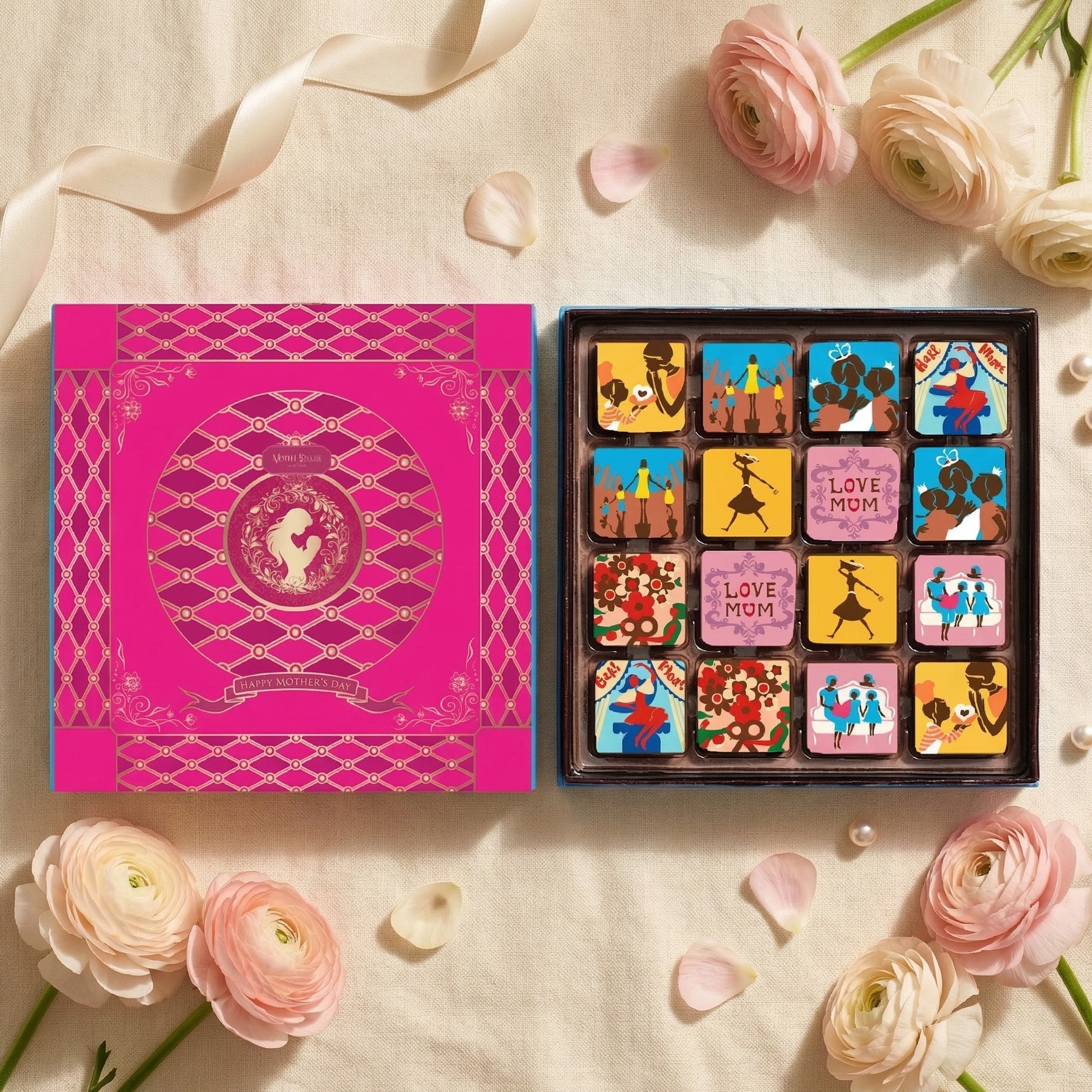 Box of MarieBelle Mother's Day chocolates ganache with colorful designs on a pink box