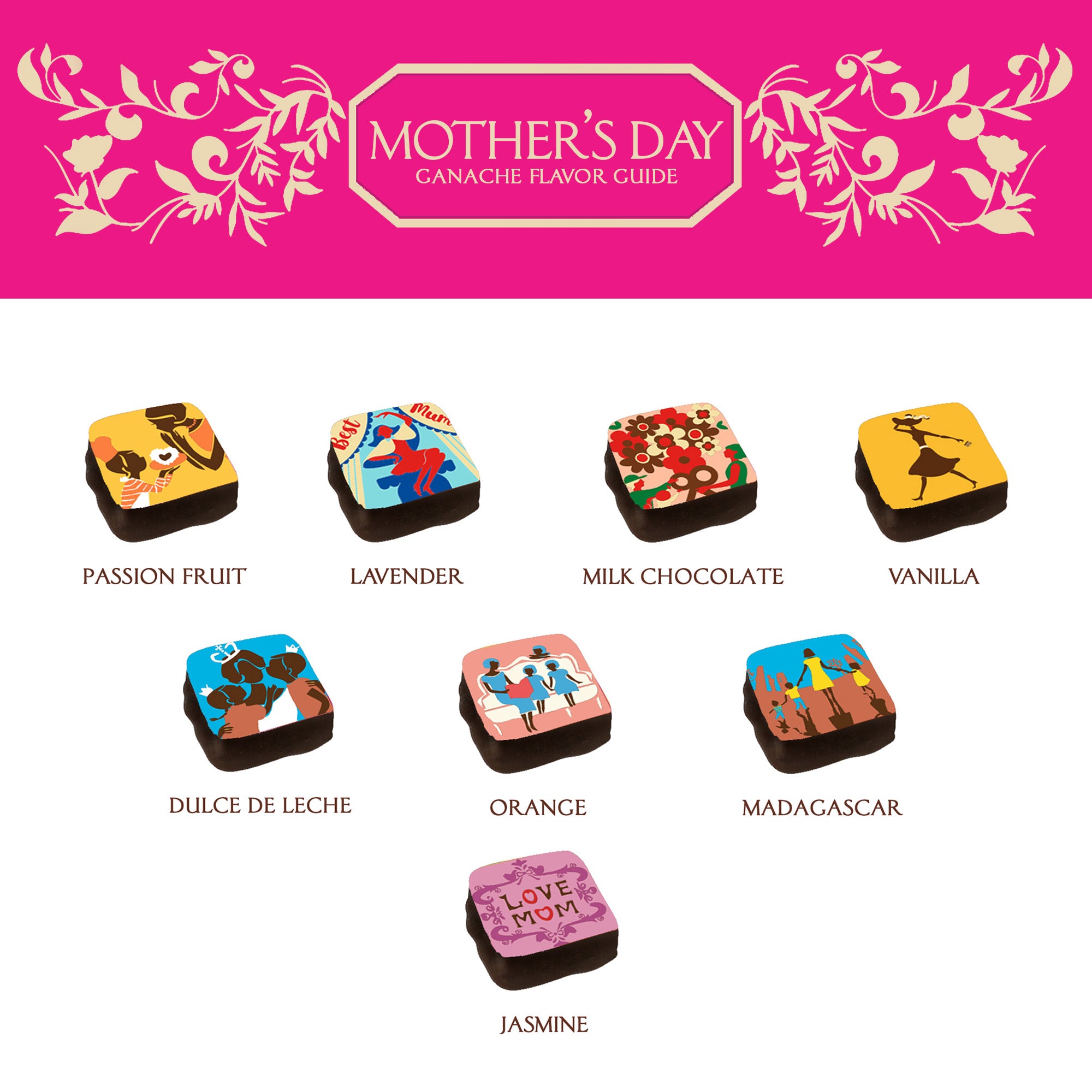 Mother's Day chocolate flavors with colorful packaging on a pink background