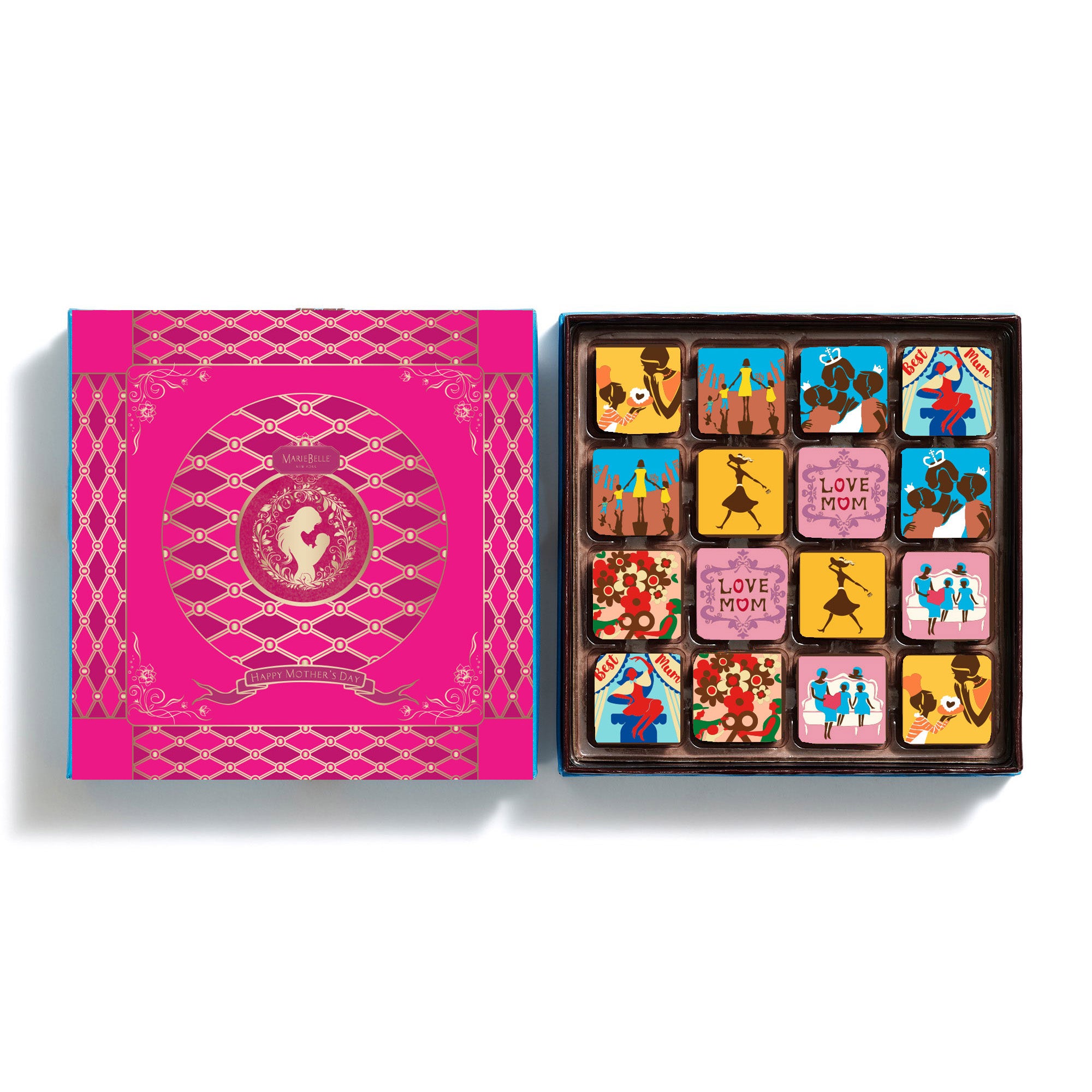 Box of MarieBelle Mother's Day chocolates with colorful designs on a pink box
