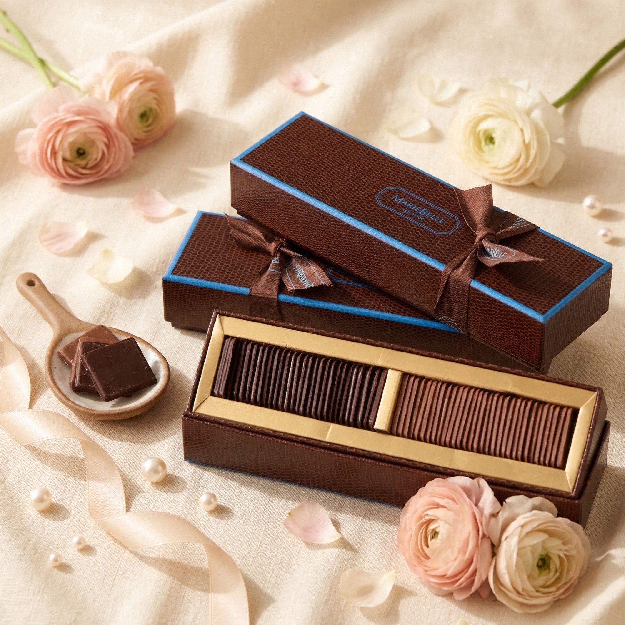 Chocolate Fn Du Grand boxes with a bow on a light fabric background with flowers